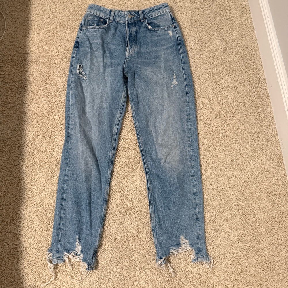 Zara Light Blue Distressed Straight Leg Jeans